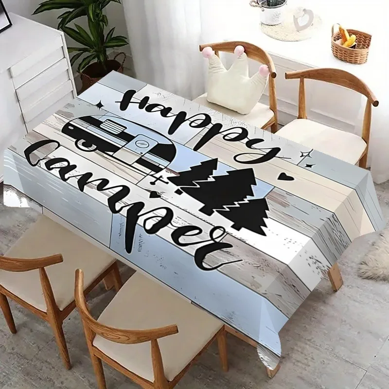 Happy Camper Retro Camping Tablecloth Vintage Camper Van & Hearts Wood Design Durable Table Cover for Indoor Outdoor Use - Image 4