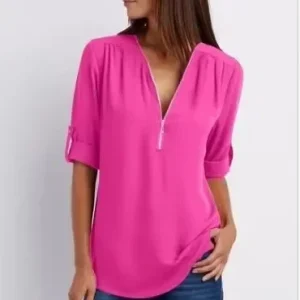 2025 Hot Sale Women Cool Loose Shirt Deep V Neck Chiffon Fashion Blouse Casual Ladies Tops Sexy Zipper Pullover Plus Size