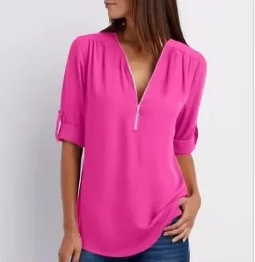 2025 Hot Sale Women Cool Loose Shirt Deep V Neck Chiffon Fashion Blouse Casual Ladies Tops Sexy Zipper Pullover Plus Size - Image 9