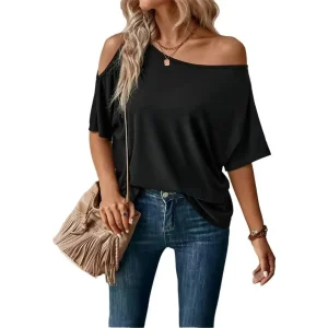 Women's Black Off Shoulder T-Shirt Asymmetrical Neck Batwing Short Sleeve Loose Fit Casual Spring Summer Daily Commuting Top