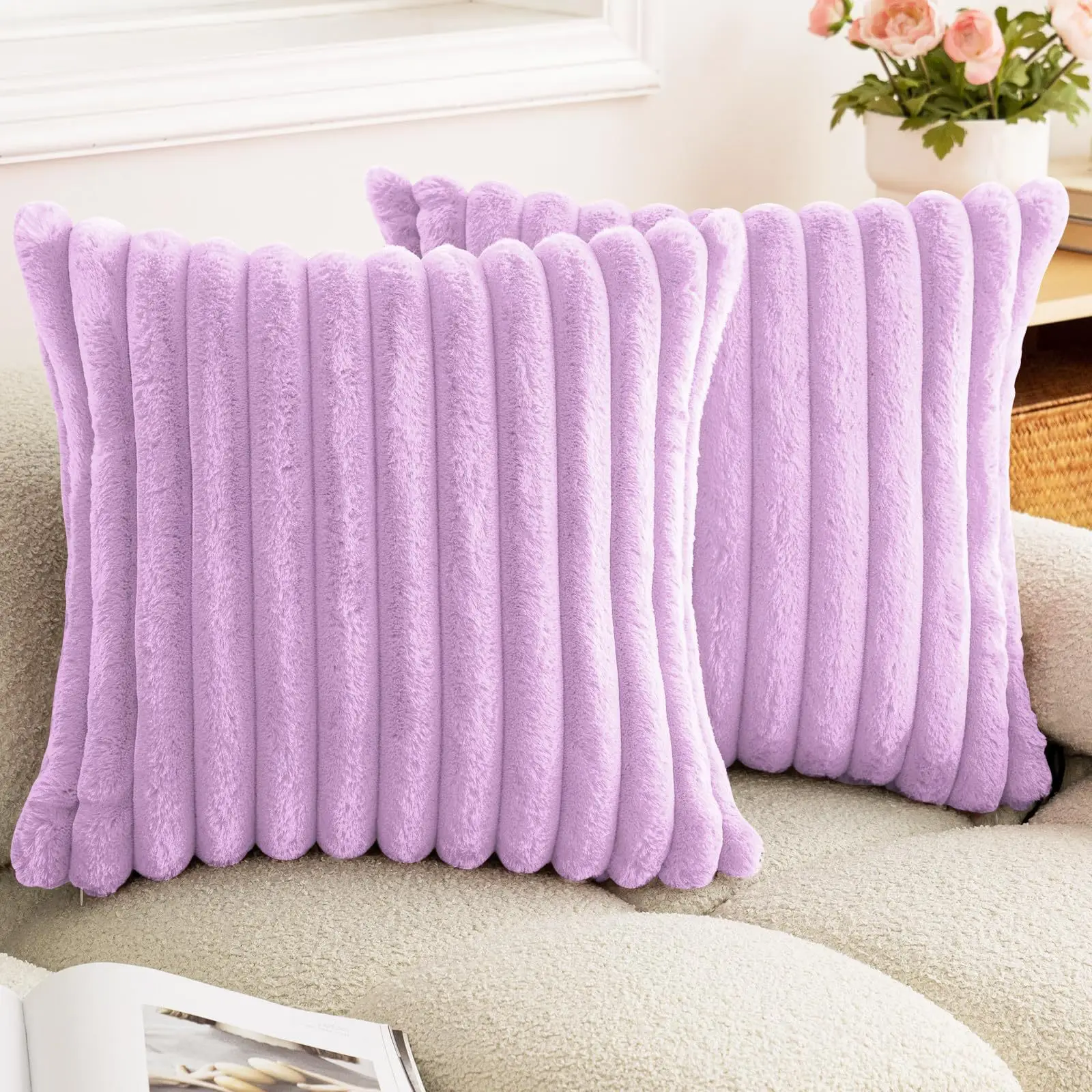 Faux Rabbit Fur Square Cushion Cover Big Thick Striped Super Soft Solid Color Pillow Cover 24×24inch Sofa Decor Cushion Covers - الصورة 21
