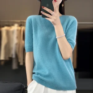 First-line ready-to-wear 100% Merino wool knitted short-sleeved women's loose solid color slim commuter five-point cuff T-shirt
