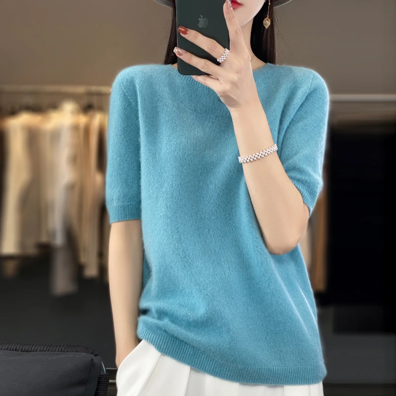 First-line ready-to-wear 100% Merino wool knitted short-sleeved women's loose solid color slim commuter five-point cuff T-shirt - الصورة 12