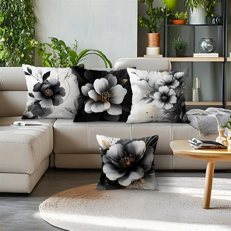 Home Decor Black & White Floral Patterned Cushion Covers Pattern Cushion Cover Suitable for Sofa Bedroom Car Pillow Cover - الصورة 3