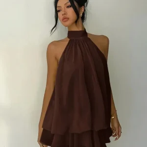 Women's Halter Neck Dress, Backless Tie-Front Chiffon Sheer Mini Skirt, Fashionable Sexy Y2K Vintage Cute Party Birthday Dress