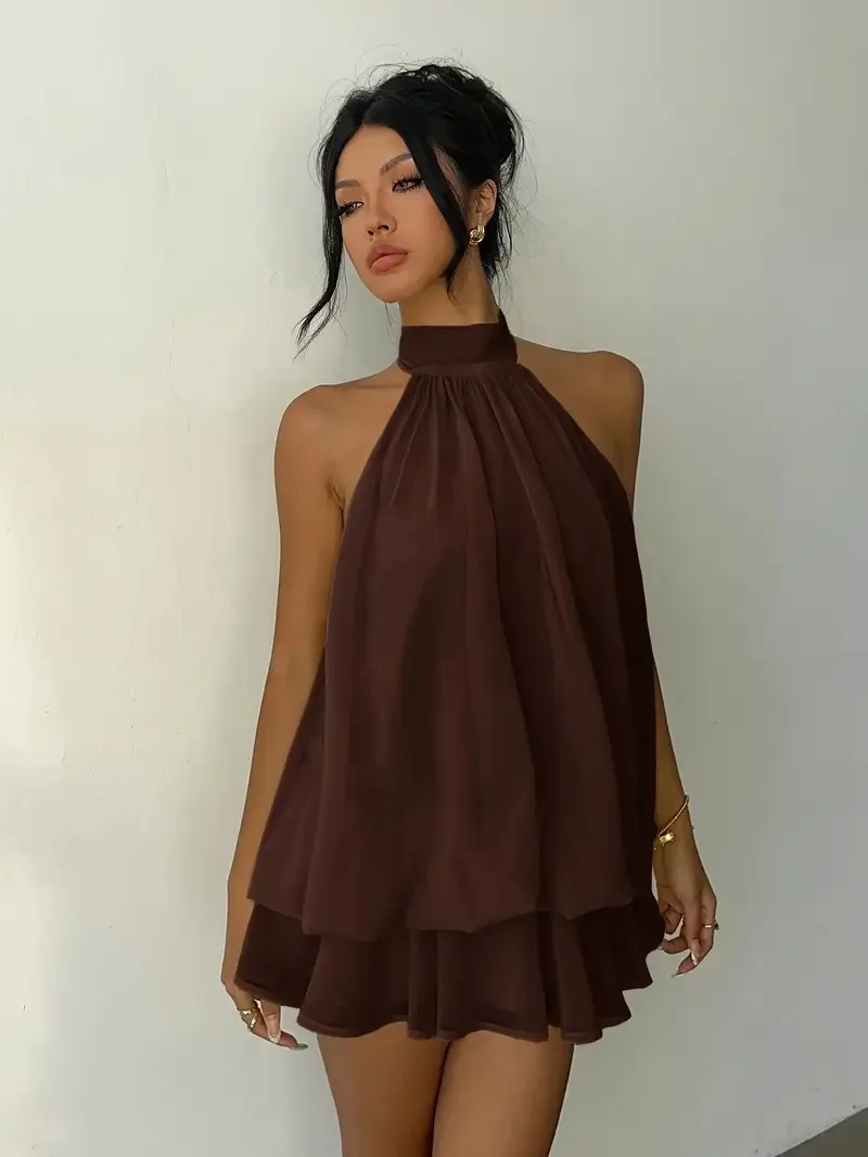 Women's Halter Neck Dress, Backless Tie-Front Chiffon Sheer Mini Skirt, Fashionable Sexy Y2K Vintage Cute Party Birthday Dress - الصورة 9