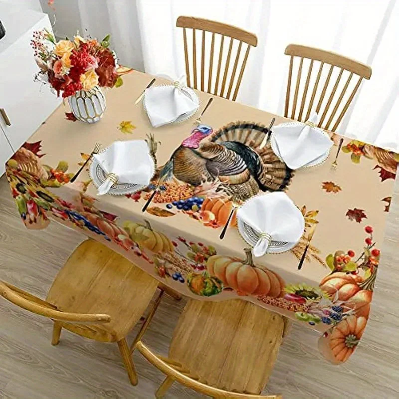 Thanksgiving Turkey Rectangle Tablecloths Autumn Pumpkin Flowers Maple Leaf Table Cover Kitchen Holiday Party Dining Table Decor - الصورة 3