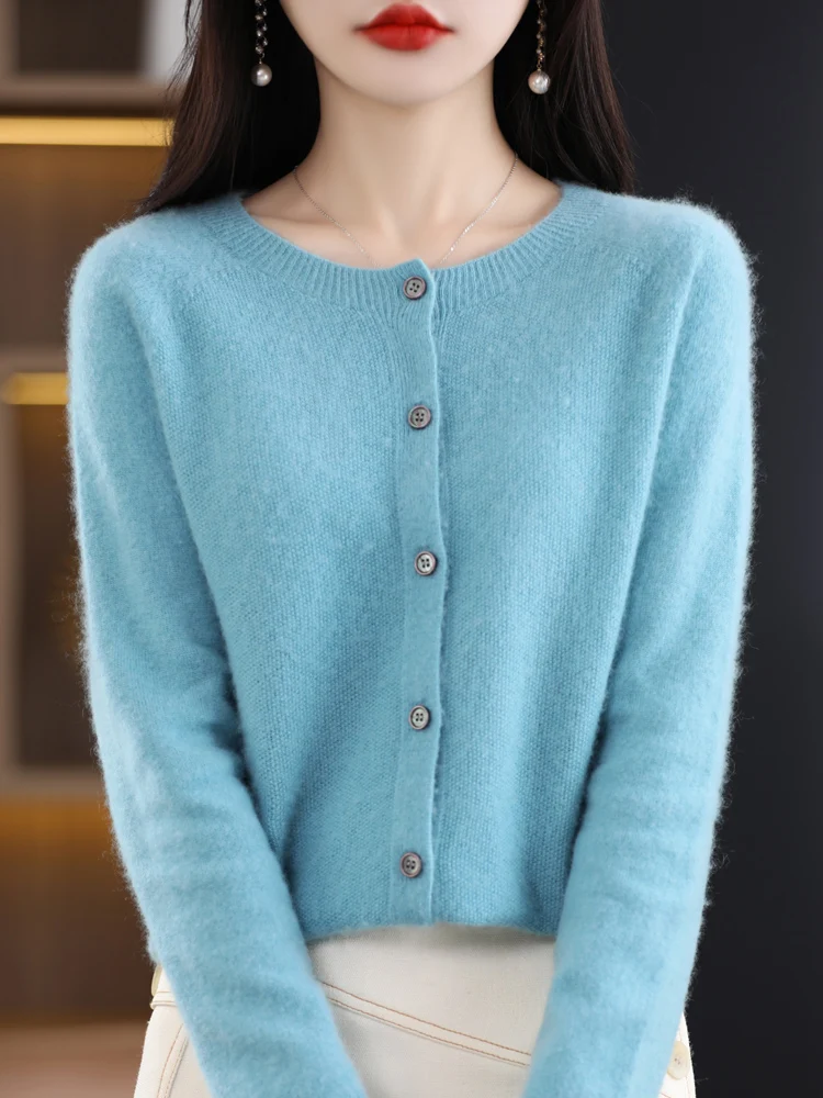 2024 New Chic Women's Basic O-neck Cardigan 100% Merino Wool Sweater Soft Grace Knitwear CoatSpring Autumn Female Clothes Tops - الصورة 18