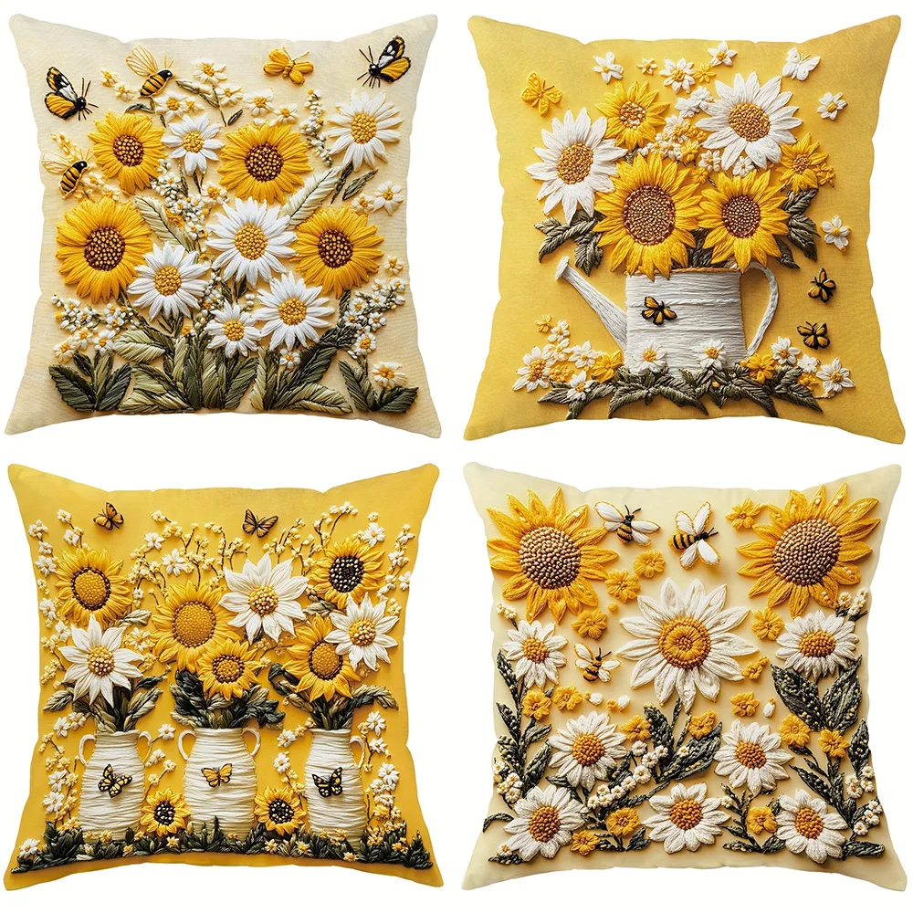 Floral Pillow Covers with Sunflowers, Daisies, Bees, and Butterflies Sofa cushion cover home room decoration 2D flat printing - Image 3