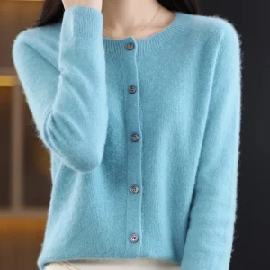 2024 New Chic Women's Basic O-neck Cardigan 100% Merino Wool Sweater Soft Grace Knitwear CoatSpring Autumn Female Clothes Tops