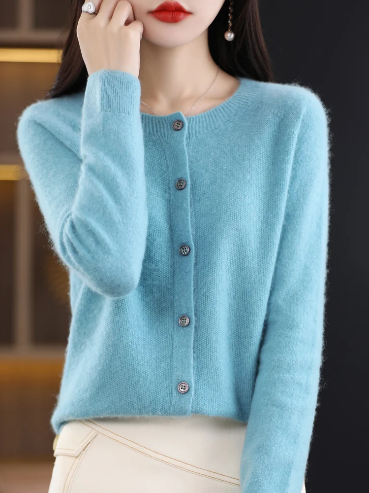 2024 New Chic Women's Basic O-neck Cardigan 100% Merino Wool Sweater Soft Grace Knitwear CoatSpring Autumn Female Clothes Tops - الصورة 5