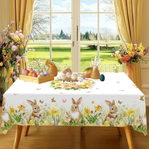Spring Floral Easter Tablecloth Bunny Eggs Garden Tablecloth Rustic Easter Decorations for Home 2026 Kitchen Dining Table Cover