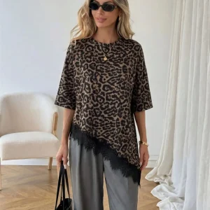 2026 Summer New Arrival Women's Oversized Ruffle Print Leopard Print Padded Lacing Loose Fit T-Shirt