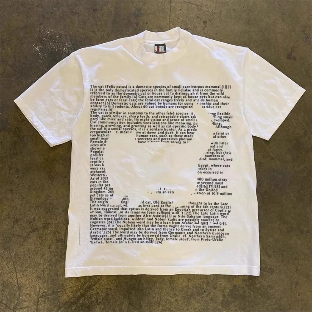 European Cute Letters Cat Print Pure Cotton T Shirt Men Women Summer Y2k Personality Cute Street Clothing Half Sleeved Tops
