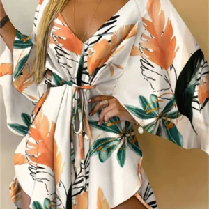 Women Print Dress Sexy V-Neck Bat Sleeve Ruffl Flowers Print Bohemian Beach Sundress Ladies Loose Summer Vacation Mini Dresses