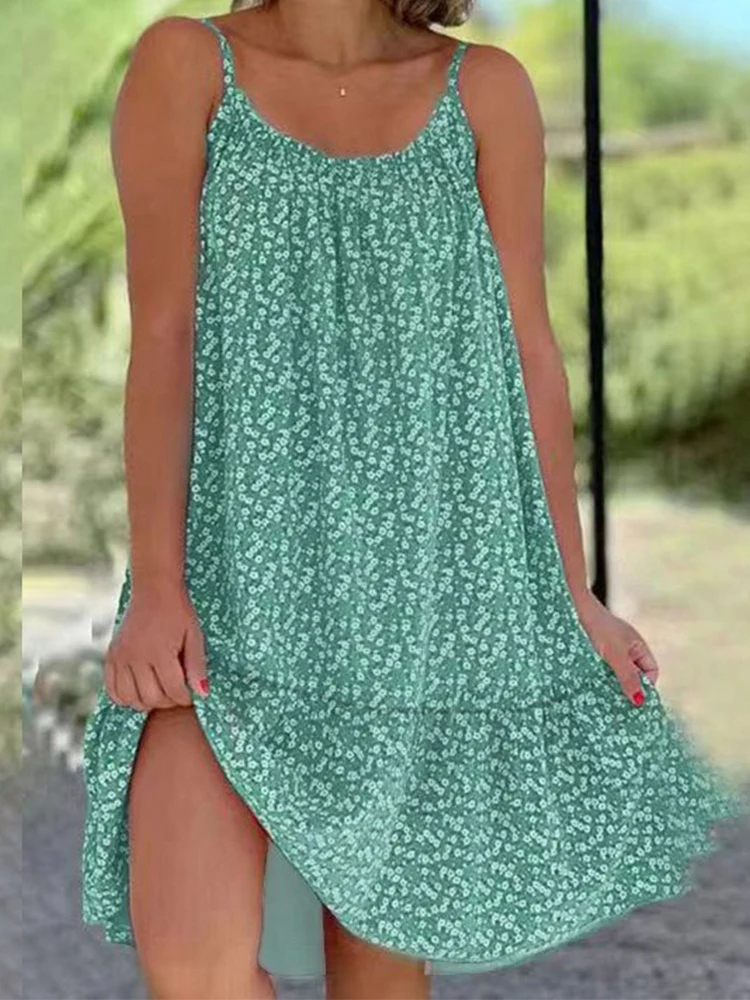 2026 Summer New Cross border Amazon European and American Leisure Style Printed Sleeveless Large Swing Strap Dress - Image 5