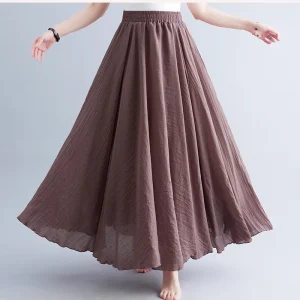 28-Color Mori Girl Literary Cotton Linen Dress Elastic Waist A-line Expansion Skirt Solid Color Ethnic Style Women Long Skirts