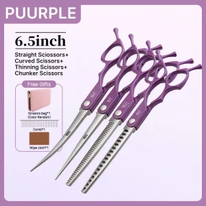 Fenice 6.5 Inch Colorful Straight Curved Thinning Chunker Shears Beginner Friendly Scissors Kit for Practice &Home Groomer Us