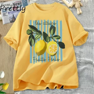 Summer Lemon T-shirt Vintage Cottagecore French T Shirt Cotton Lemon Tee Shirt Vacation Beach Tshirt Casual Short Sleeve Tops