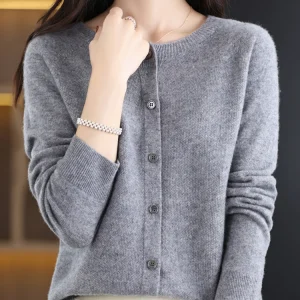 Aliselect Autumn Winter Women 100% Merino Wool Sweater O-Neck Tops Long Sleeve Basic Cashmere Knitwear Cardigan Clothing Coat