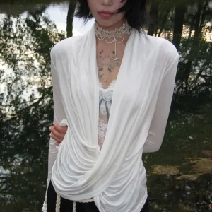 Karrram Japanese Y2k Cross Tops Trashy 2000s Style V-neck Long Sleeve T-shirt Vintage Harajuku White Irregular Tops American 90s