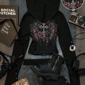 Casual women's wear minimalist printed solid color fitted hooded sweatshirt T-shirt, autumn, zipper cardigan pattern