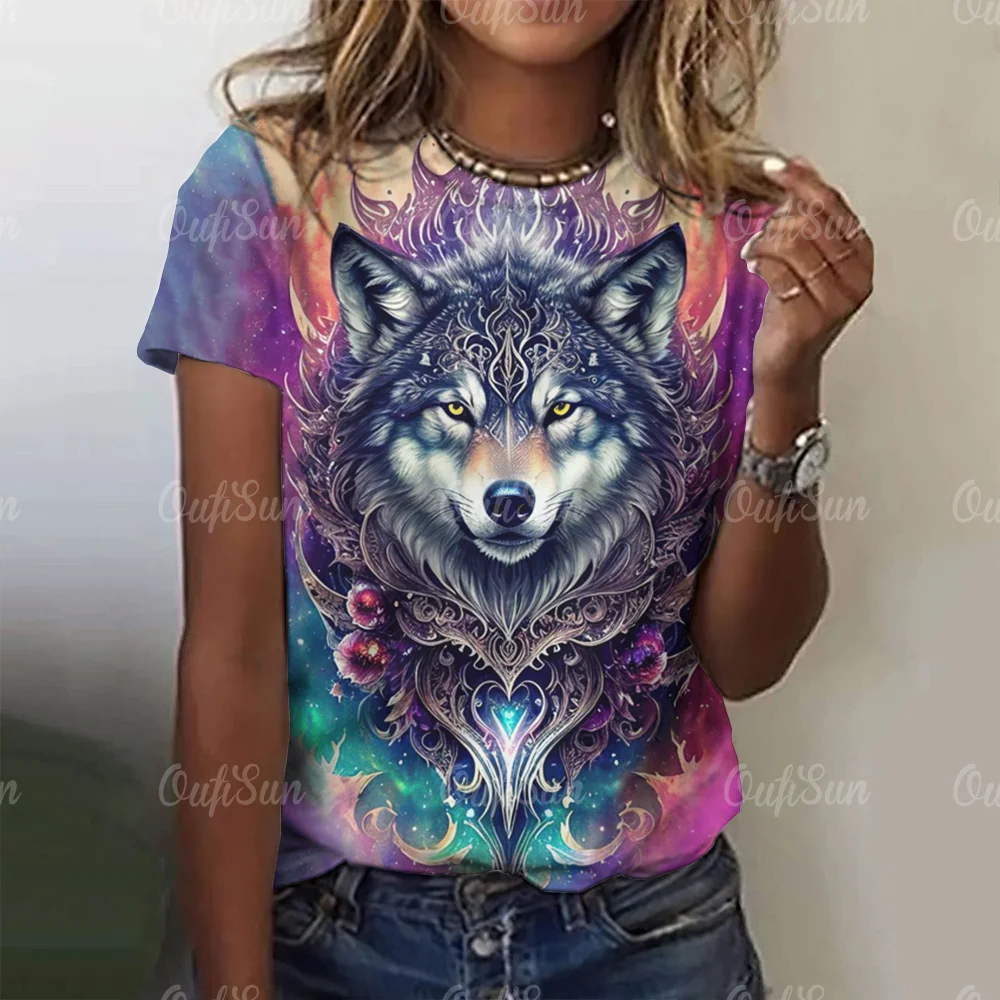New T-shirt For Women Wolf Print Tees O Neck Loose Short Sleeve Blouse Female Fashion Animal Graphic Tops Harajuku Streetwear - الصورة 2