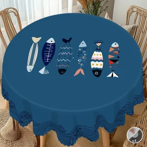 1 Piece of Summer Simple Ocean Style Printed Round Tablecloth, Geometric Fish Pattern Rectangular Tablecloth, Party Tablecloth, Home Table Decoration, Courtyard Camping Table Decoration, Table Cover for Daily Home Kitchen, Restaurant Terrace Indoor and Outdoor Use
