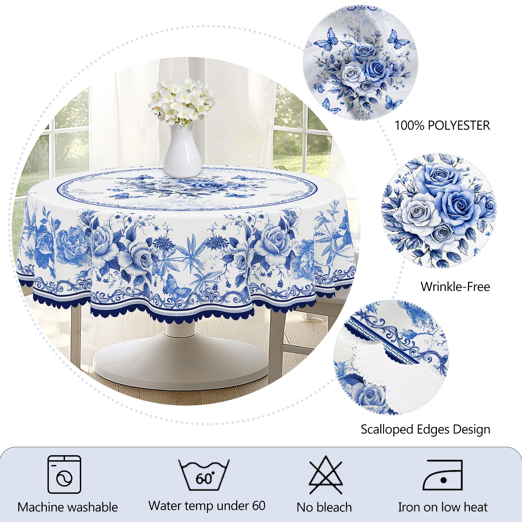 1 Piece of Oriental Retro Blue and White Porcelain Flower Theme Tablecloth, Country Farmhouse Style, Blue and White Flower Pattern Design, Suitable for Spring and Summer Camping Style Picnic, Holiday Party, Garden Birthday Party Decoration, Kitchen Accessories, Restaurant Terrace, Indoor and Outdoor - الصورة 6