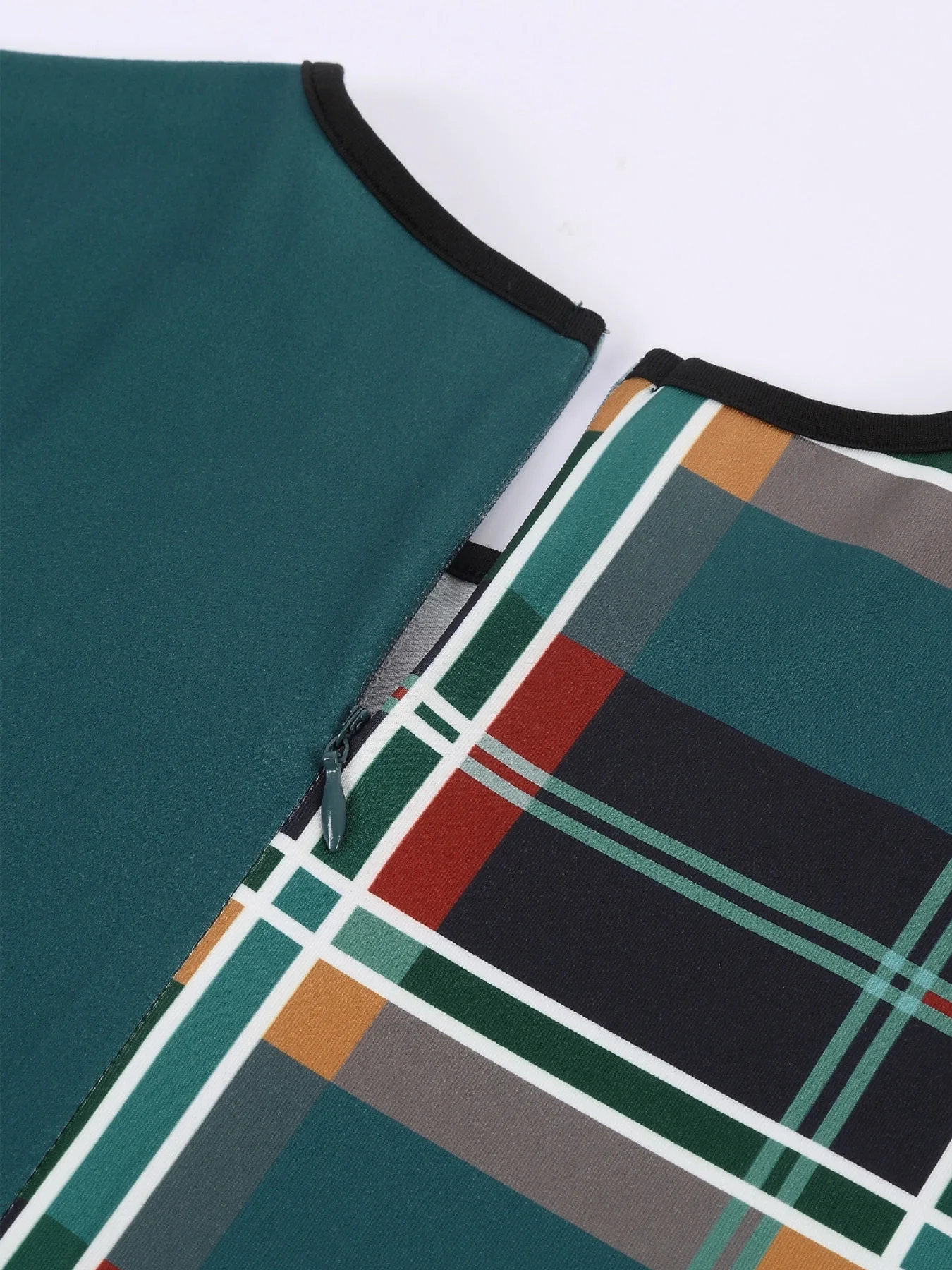 Women's Dress Plaid Patchwork Green Round Neck Tight Dress, No Belt - Image 6