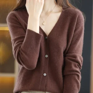 Women Cardigans V-neck Long Sleeve Knitted Outerwear Solid Thin Spring Autumn Sweaters Knitwears Korean Fashion Red Cardigans