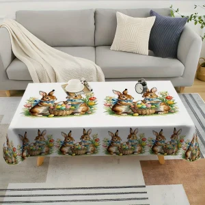 Easter Bunny Egg Flowers Waterproof Tablecloth Table Decor Reusable Farmhouse Kitchen Dining Tablecloth Easter Decorations