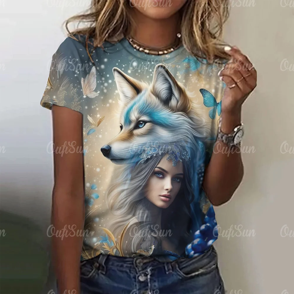 New T-shirt For Women Wolf Print Tees O Neck Loose Short Sleeve Blouse Female Fashion Animal Graphic Tops Harajuku Streetwear - الصورة 3