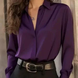 Women's  Long Sleeve Button Down Blouse - Elegant Office Chic Top with Classic Collar & Versatile Style