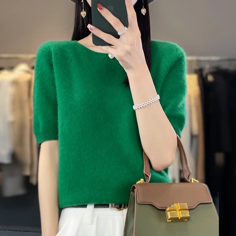 First-line ready-to-wear 100% Merino wool knitted short-sleeved women's loose solid color slim commuter five-point cuff T-shirt - الصورة 3