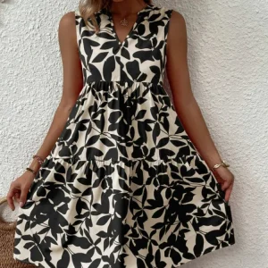 Women Boho Print Mini Dress Summer Elegant Sleeveless V Neck Ruffle A Line Tank Dress Casual Loose Oversize Beach Party Sundress