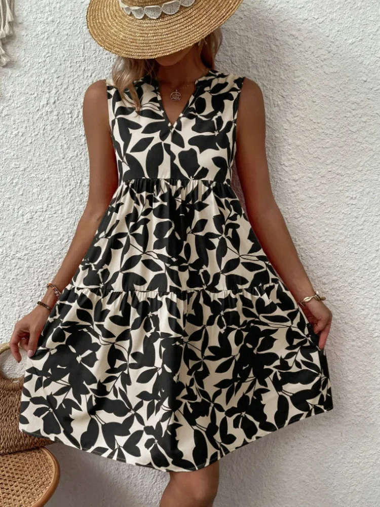Women Boho Print Mini Dress Summer Elegant Sleeveless V Neck Ruffle A Line Tank Dress Casual Loose Oversize Beach Party Sundress - الصورة 10