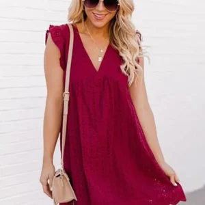 Cross border new lace jacquard hollowed out V-neck dress with pockets and lining shorts for women in Europe and America