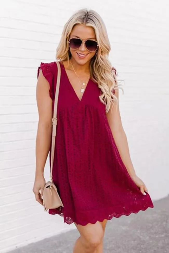 Cross border new lace jacquard hollowed out V-neck dress with pockets and lining shorts for women in Europe and America - Image 8