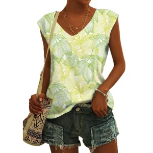 Women's Basic T-shirts Blue Flower Printed Breathable V Neck Cap Sleeves Tank Tops Vintage Summer Beach Loose Fit Tees Tops