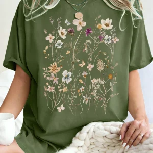 Beautiful Flower Clusters Printing Woman T-Shirt Summer Oversized Short Sleeve O-Neck Cotton T Shirts Y2K Women Sports Tops