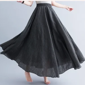 28-Color Mori Girl Literary Cotton Linen Dress Elastic Waist A-line Expansion Skirt Solid Color Ethnic Style Women Long Skirts