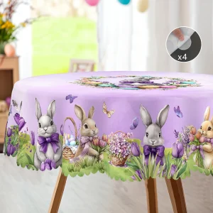 1 Easter Round Tablecloth, 5 Sizes Available, Light Purple Easter Bunny Egg Basket Printed Tablecloth, Edge Embossing Process, Easter Spring Garden Tablecloth Decoration, Tablecloth for Daily Home Kitchen, Terrace, Easter Decoration, Spring Decoration