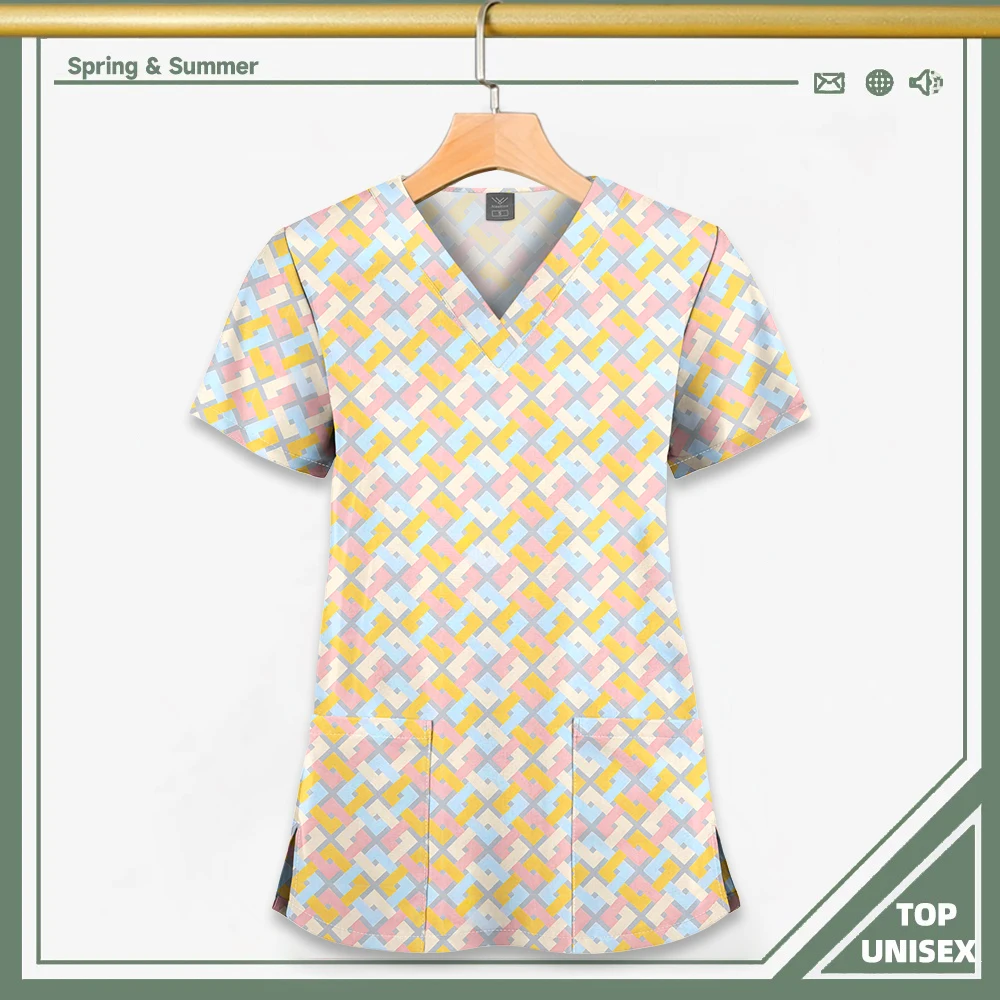Surgical Uniform Printing Holiday Beautiful Shirt V-neck Style Pocket Design Blouse Surgical Top Woman Men Nurse Medical Uniform - الصورة 4