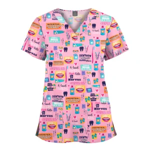 Wholesale Polyester Spandex Uniforms Beautiful Hospital Scrubs Tops Women Nurse Printed Scrub Top Healthcare Nursing Scrub Shirt