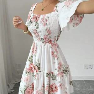 Women Floral Print Sashes Ruffle Hem Short Sleeve Casual Dress, Vacation Style Women's Evening Dresses