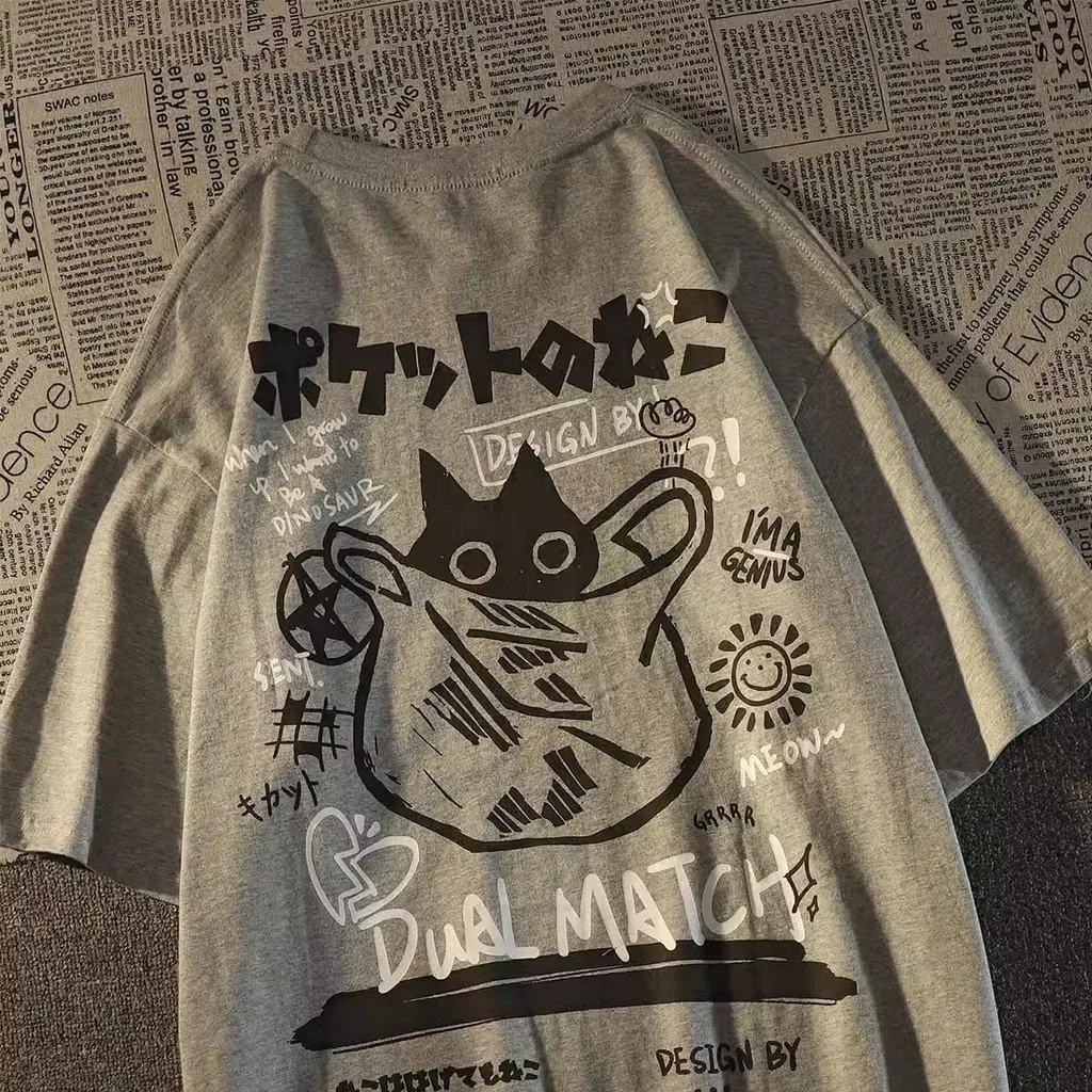 Summer Japanese Retro Pocket Cat Cartoon Printed Short Sleeve T-shirt Male Female Couples Unisex College Style Oversized Top - الصورة 5