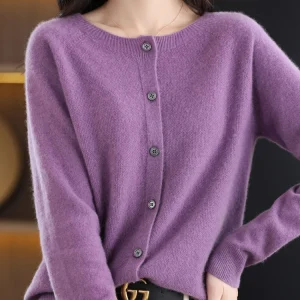 Aliselect Autumn Winter Women 100% Merino Wool Sweater O-Neck Tops Long Sleeve Basic Cashmere Knitwear Cardigan Clothing Coat