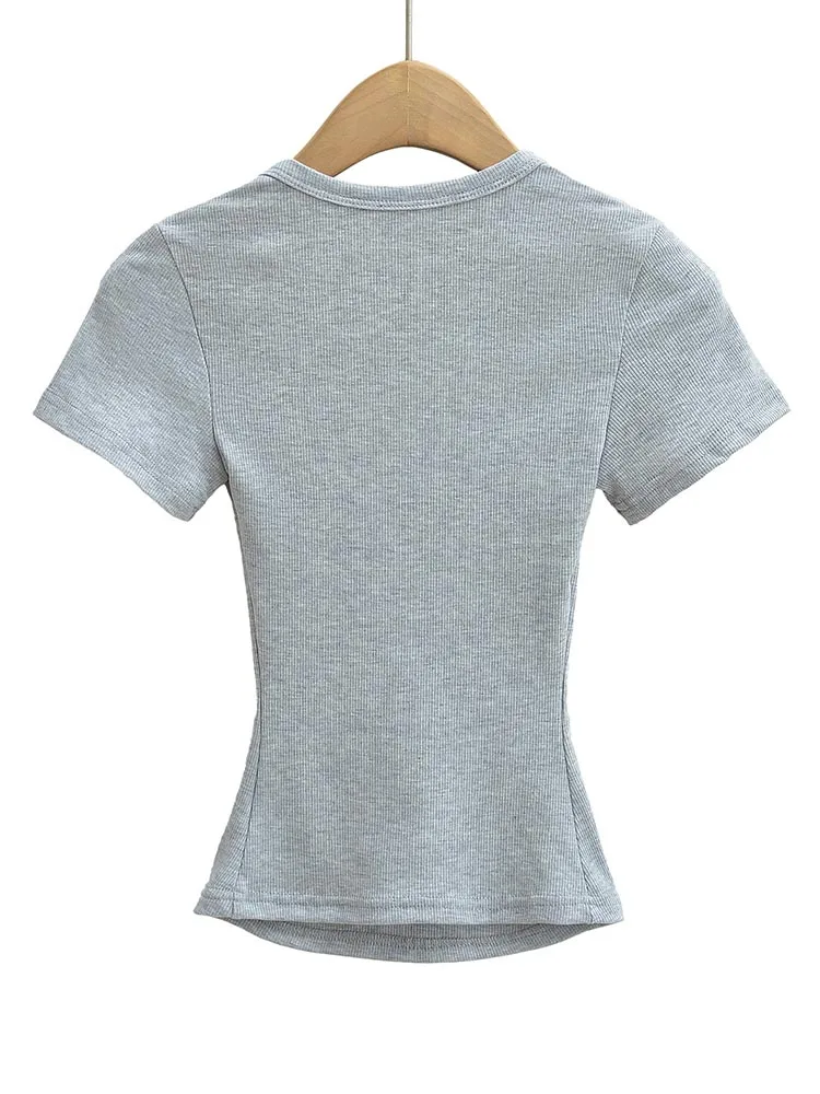 Summer square neck high elasticity crop top women's short sleeved sexy top slim fit pullover base shirt - Image 2