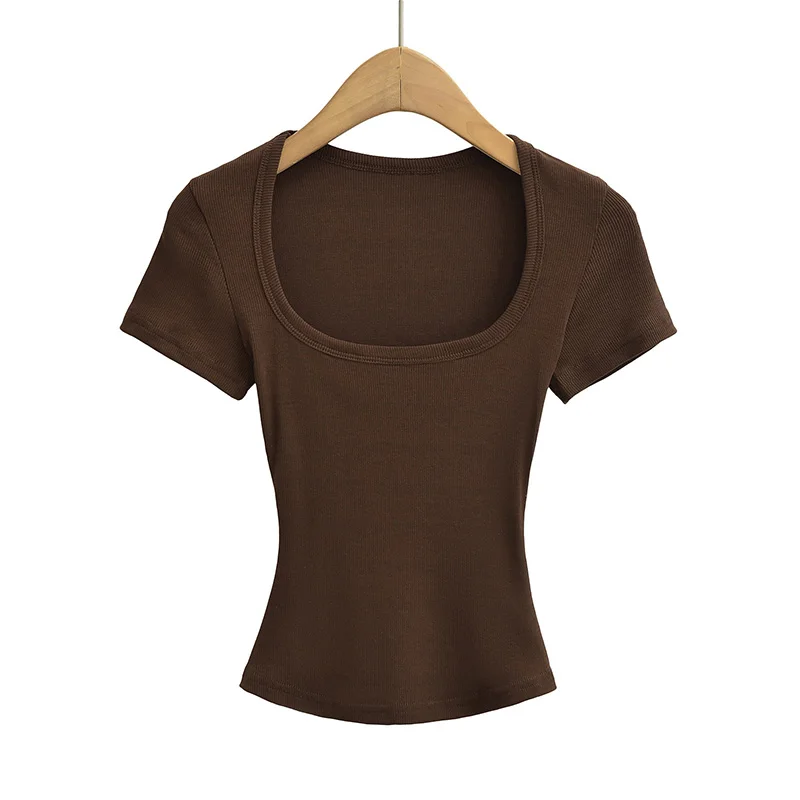 Summer square neck high elasticity crop top women's short sleeved sexy top slim fit pullover base shirt - Image 9